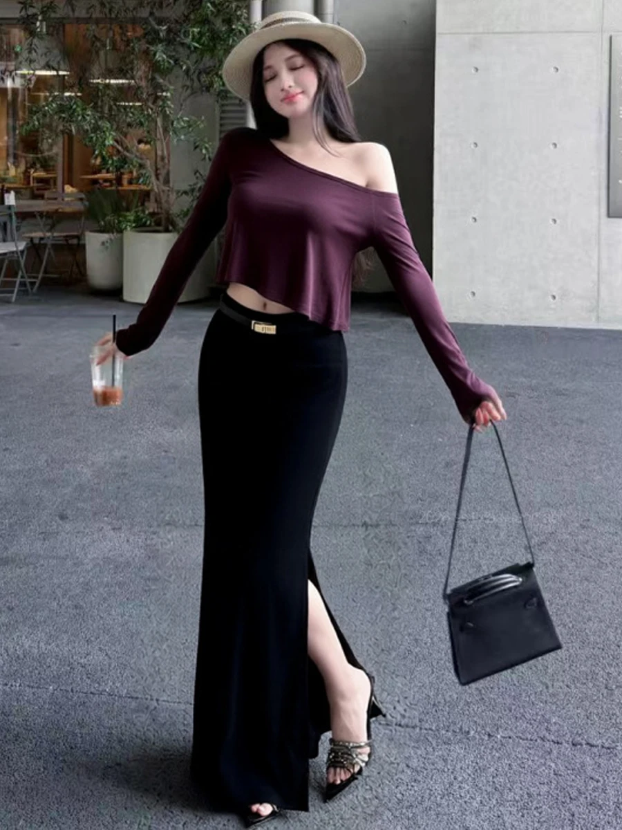 Sexy Spicy Girl Long Sleeve Straight Leg T-Shirt Top Side Slit Slim Fit Bodycon Skirt Set Pure Color Casual Wear for Women
