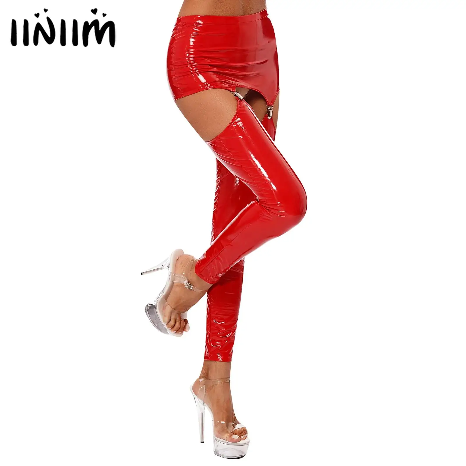 

Womens Night Club Disco Pole Dance Show Costume Thigh Hollow Out Pants Mini Skirts Metallic Latex Suspender Leggings Trousers