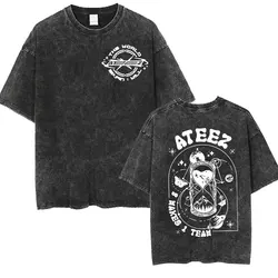 Korean Ateez Fin Wjll Album Concert 2024 Vintage Washed T Shirts Men's Hip Hop Kpop Fashion Oversized T-shirt Unisex Streetwear