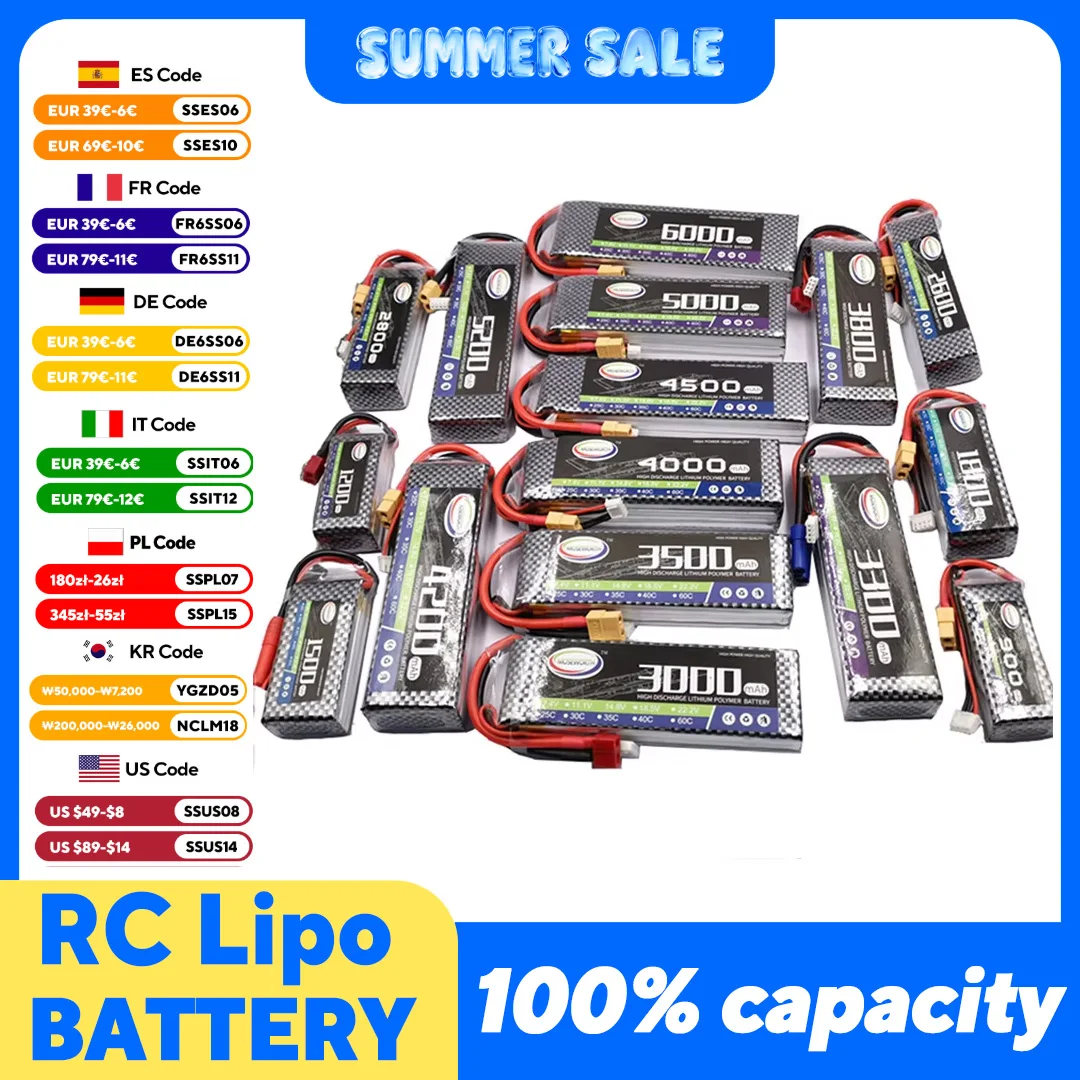 RC Lipo Battery 2S 3S 4S 5S 6S 2200 3300 3500 4200 5000 5200mAh 7.4V 11.1V 14.8V 18.5V 22.2V 25C 30C 35C 40C 60C XT60 RC Parts