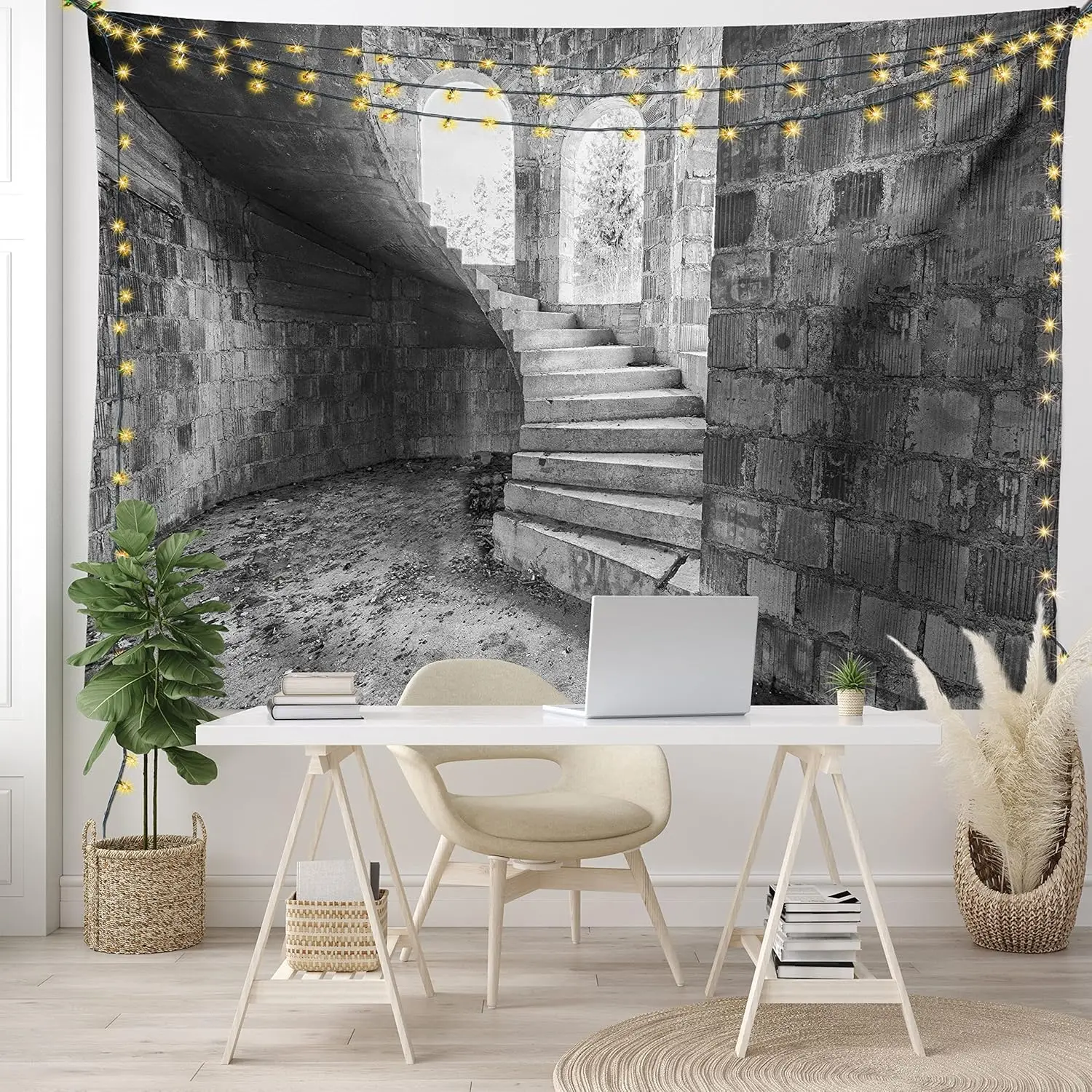 Rustic Tapestry, Circular Medieval Brick Staircase Vacant Castle Architecture Art of Photography Print, Wide Wall Hanging for