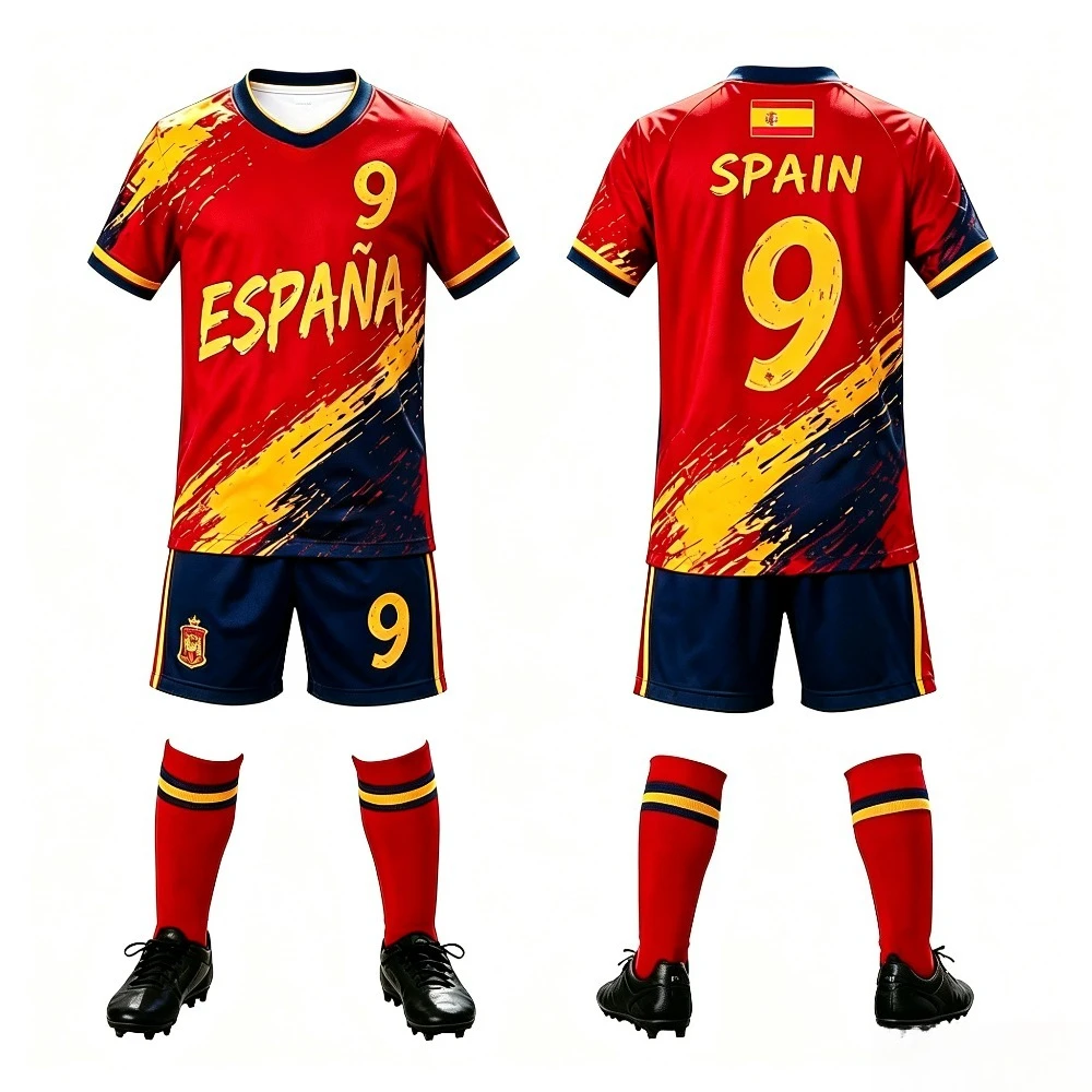 Spain Brush Stroke Number 9101920 Short Sleeve Football Top & Matching Shorts, Breathable Sports Uniform for Football Fans