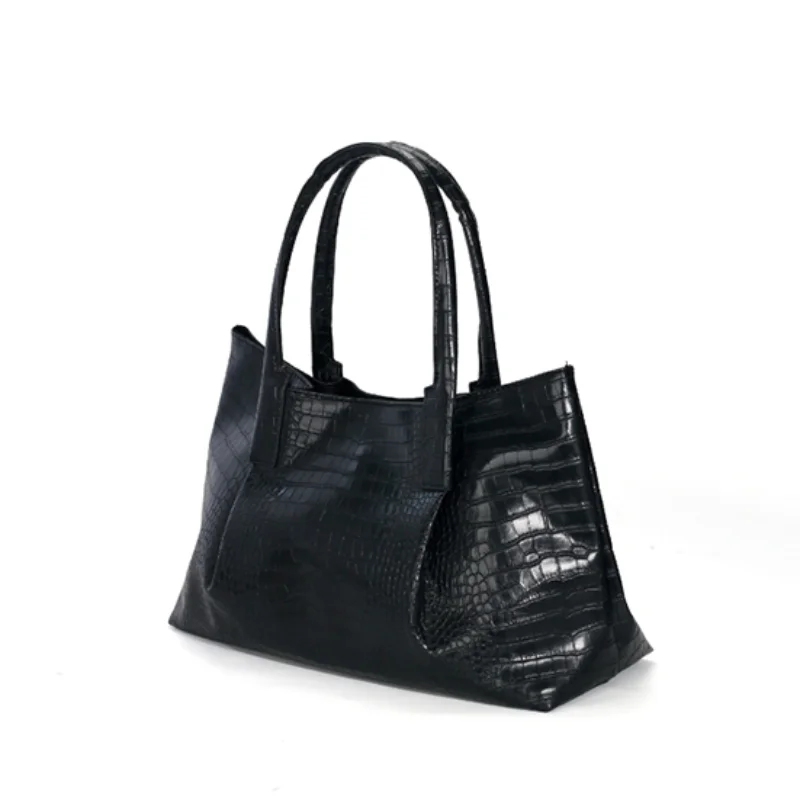 Krokodil-Textur Weiche PU-Tragetasche, Schwarze Minimalistische Damenhandtasche, Magnetverschluss, Einfarbige Vielseitige Schultertasche – Detail 3