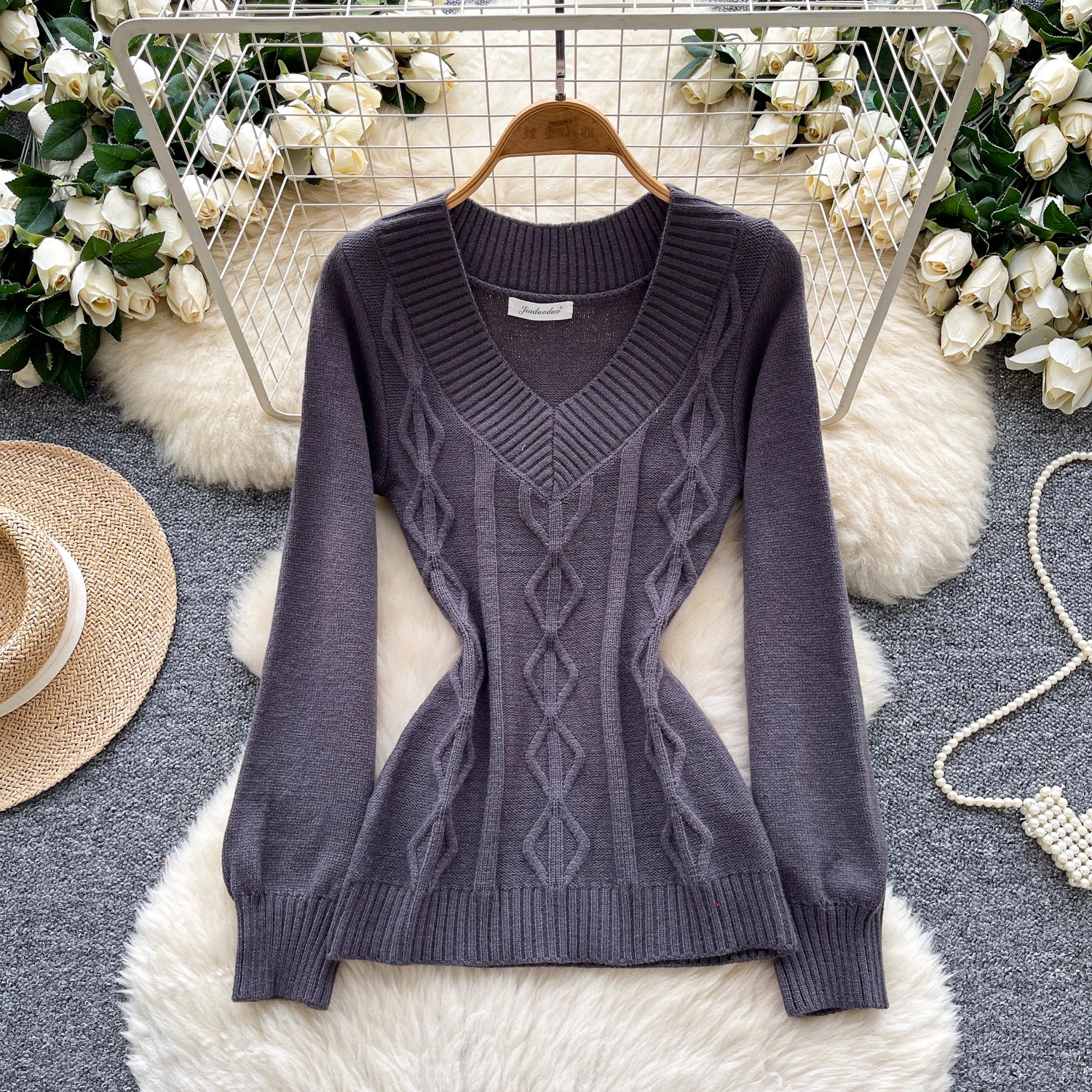 

Винтажная блузка с v-образным вырезом, свободная вязаная однотонная тонкая элегантная модная сексуальная женская рубашка с длинными рукавами, женская одежда