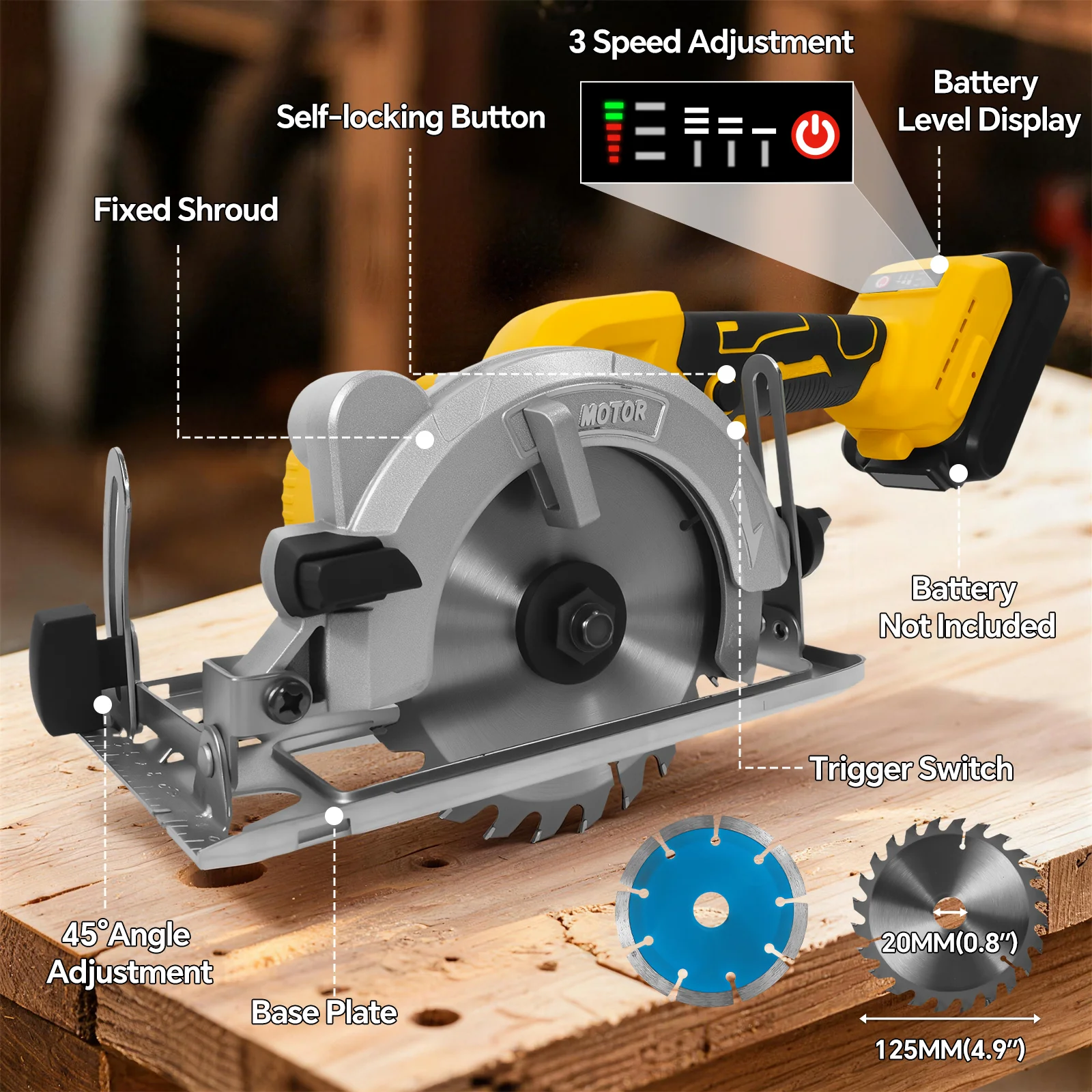 5Inch Cordless Circular Saw 8000RPM Brushless Electric Saw 0-45° Cutting Bevel Woodworking DIY for Dewalt 20V Battery Pin