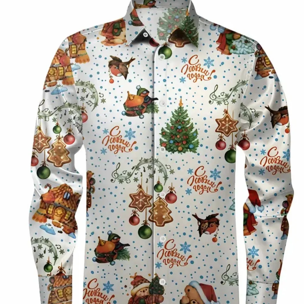 Kemeja Natal Ukuran Besar Pria 2025 Motif Kartun Kucing Lengan Panjang Kancing Depan Kemeja Pesta Natal yang Menyenangkan Pengiriman Cepat