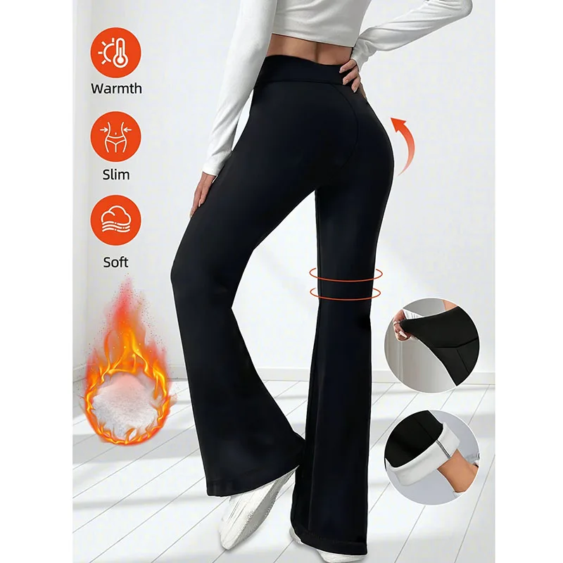 가을 겨울 여성용 플리스 안감 따뜻한 바지 하이웨이스트 슬림 탄력 블랙 플레어 팬츠 두꺼운 블랙 힙업 요가 바지