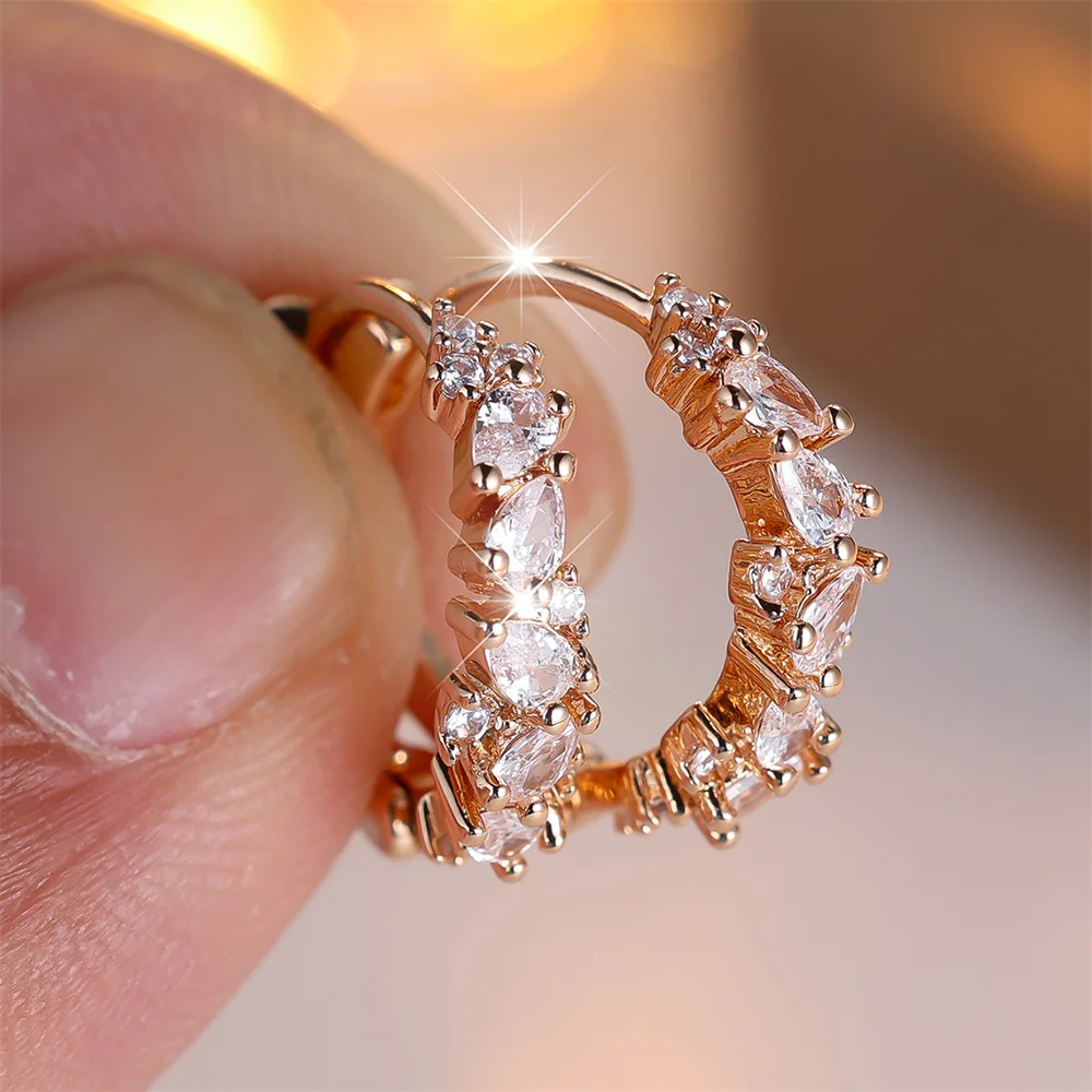 Water Drop Stone White Zircon Small Hoop Earrings For Women Vintage Gold Color Tiny Ear Buckle Wedding Jewelry Mother's Day Gift