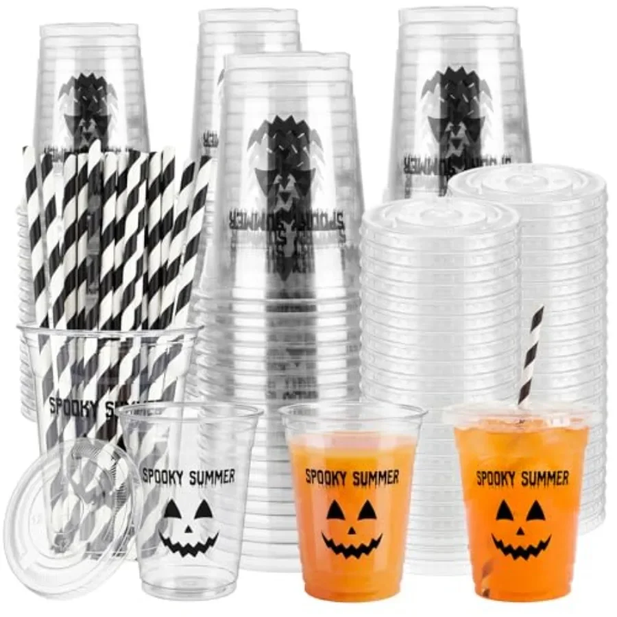 

60 Pcs Summer Halloween Disposable Plastic Cups with Lids and Straws 12oz Cold Beverage Drinking Cups for Summer Decorations Ha