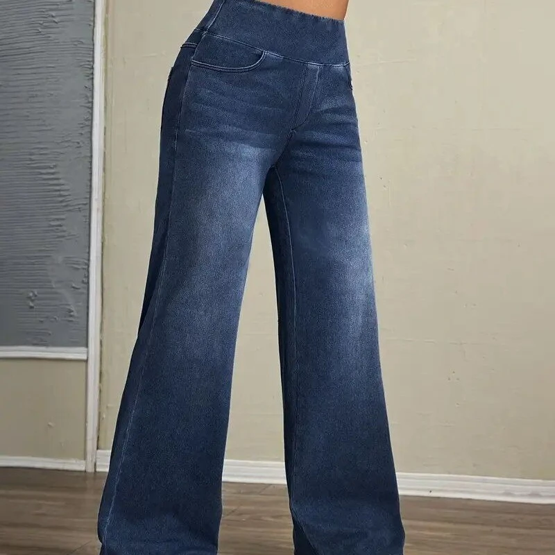 Modne spodnie damskie na jesień i zimę, z gumką w pasie, luźne, z wysoką elastycznością, dżinsowe, o prostych nogawkach, uniwersalne i stylowe.