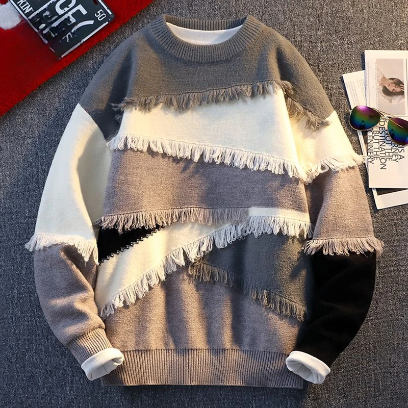 Autumn and Winter Round Neck Sweater Mens Clothes Contrasting Colors Rough Edges Splicing Base Knitted Loose Fashion Breathable