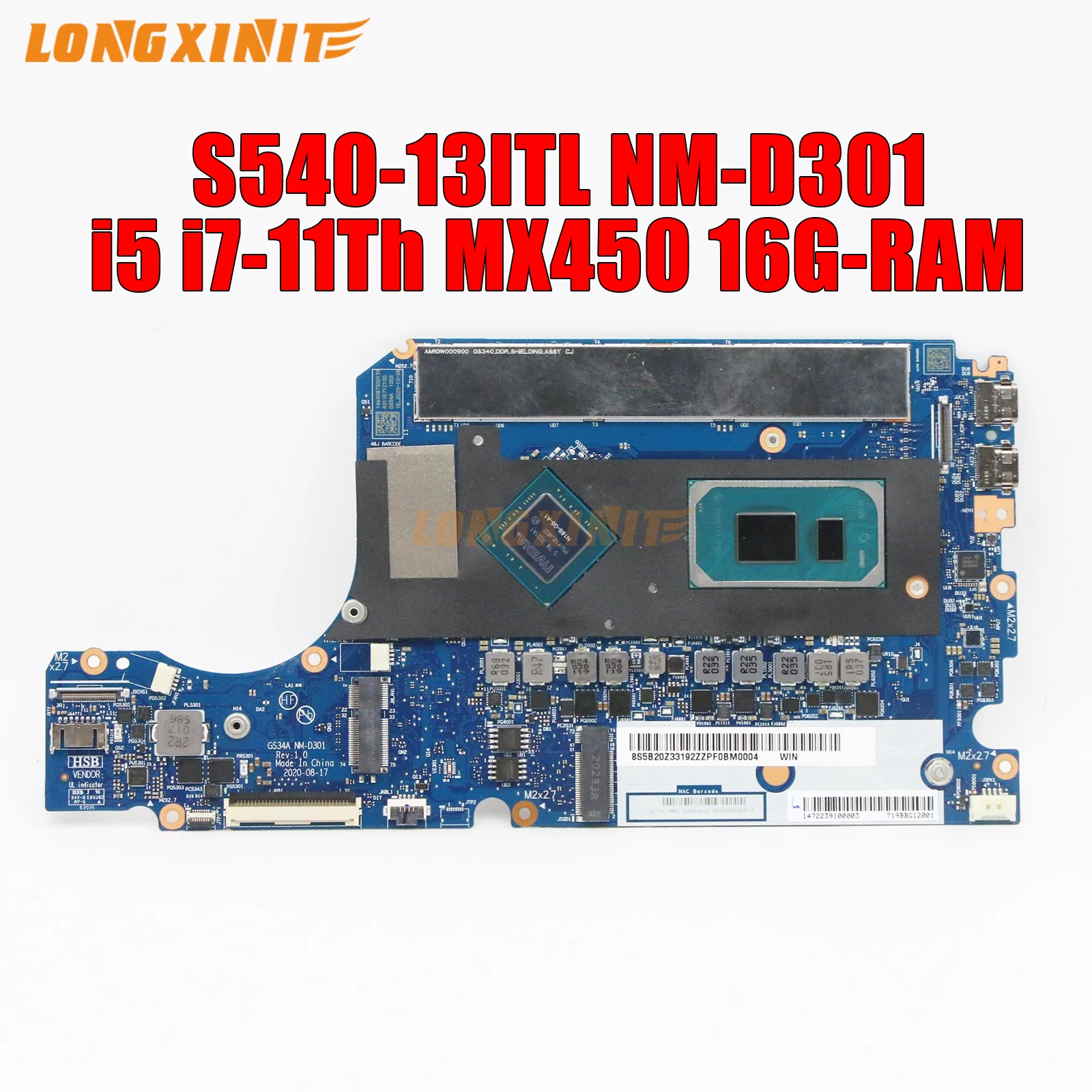 

NM-D301 For Lenovo ThinkPad S540-13ITL Laptop Motherboard. CPU:i5-1135G7, i7-1165G7.16GB-RAM.GPU:MX450 V2G.100% testado OK