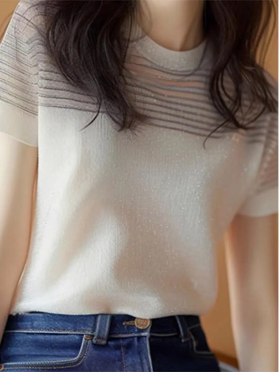 iny Tead Splice Stripe ort Sve Damen T-Shirt Oberbekleidung Schlankheitseffekt High-End europäisches Design Guangzhou Dreizehn...