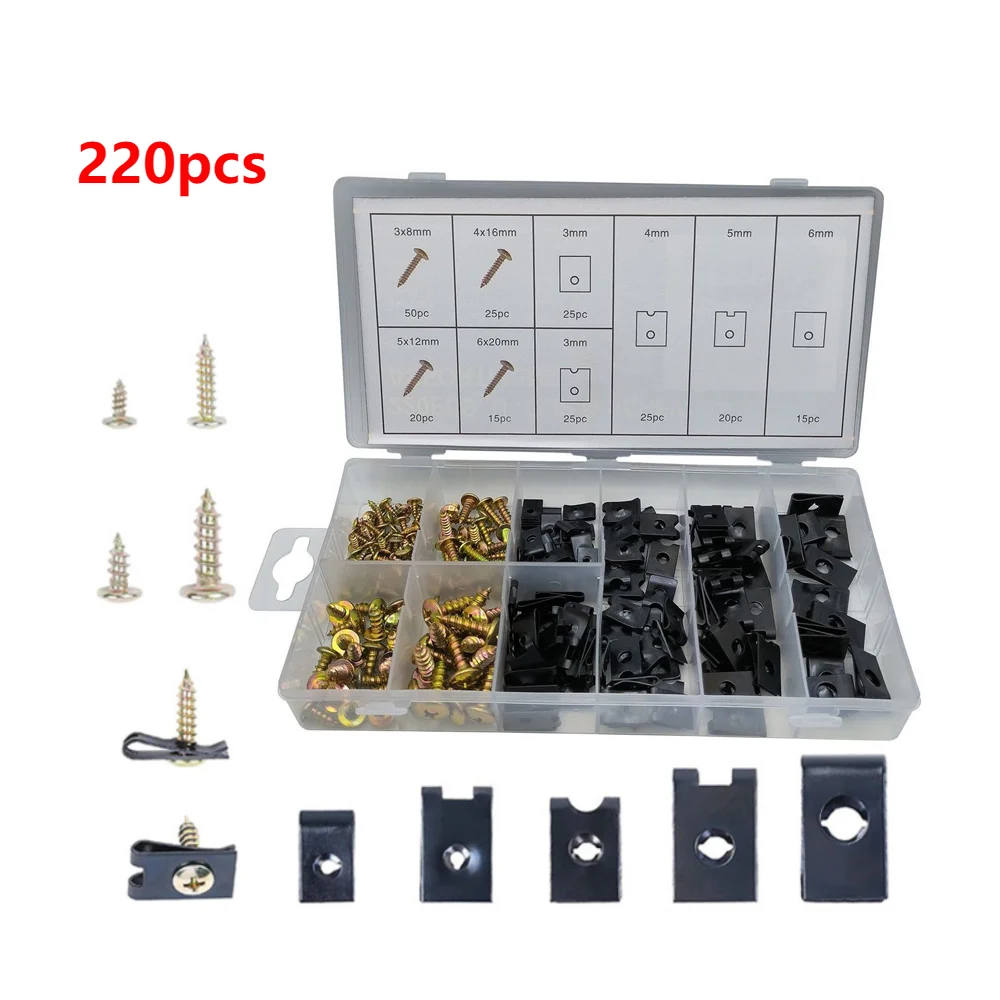 220PCS U-Clip and Self Tapping Screws Assortment, M3 M4 M5 M6 Metal Retainer U-Style Clip-On Nut and Bolt Kit for Securing Wires
