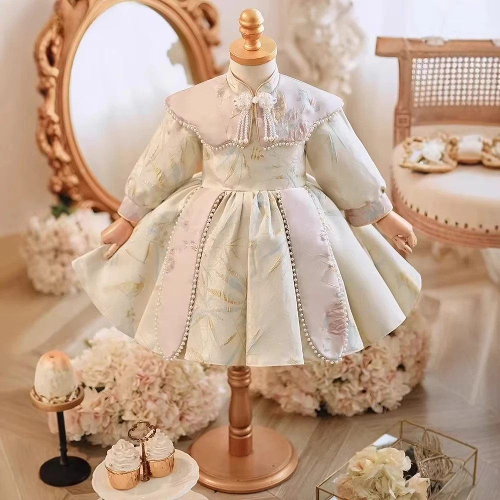 2025 New Children Evening Baby Dress Gown Bow Pearls Wedding Birthday Baptism Long SleeveParty Girls Dresses for Eids