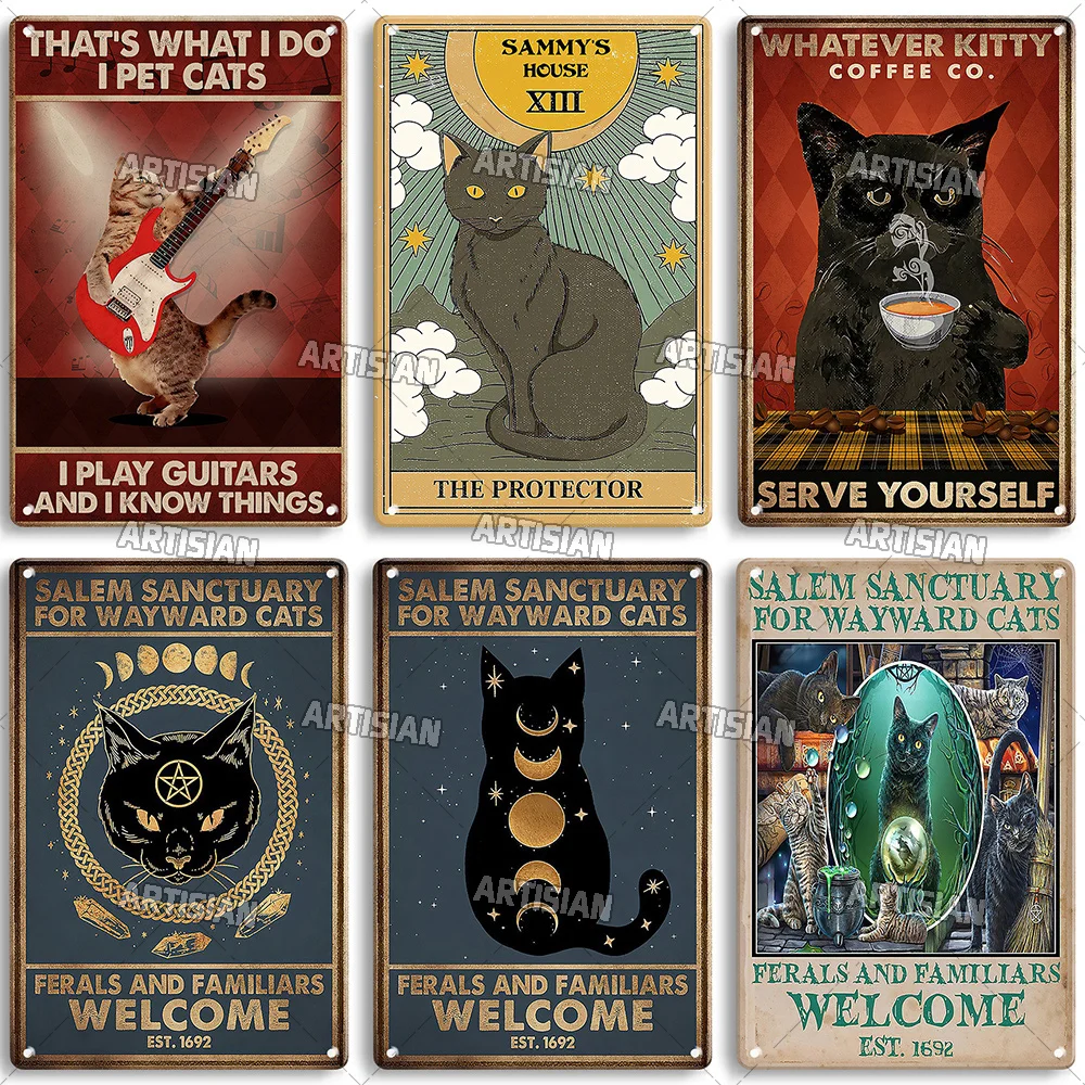 Artisian Halloween Retro Metal Plaque Black Cat Vintage Decorative Tin Poster Wall Decor For Garage Bar Pub Club Kitchen Home