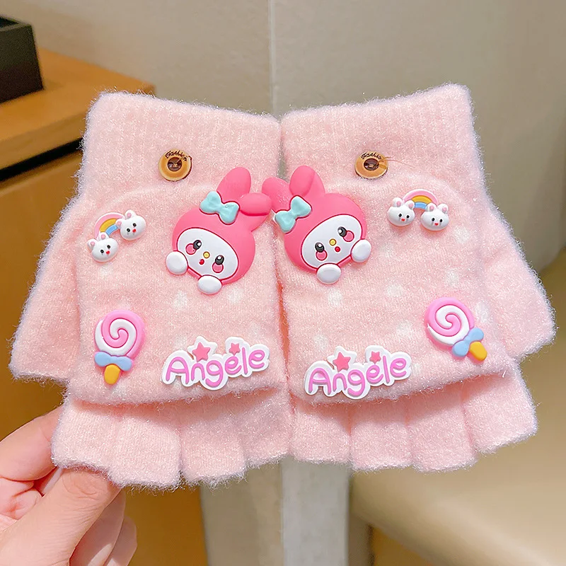 Sarung tangan Cinnamoroll baru Sanrio lucu kartun penutup setengah jari hangat garis rajut Sarung tangan anak laki-laki penghangat hangat