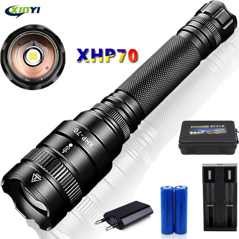 LED ışık xhp70.2 en güçlü led el feneri Zoom su geçirmez xhp50 Torch 2*18650 şarj edilebilir pil avcılık için lamba