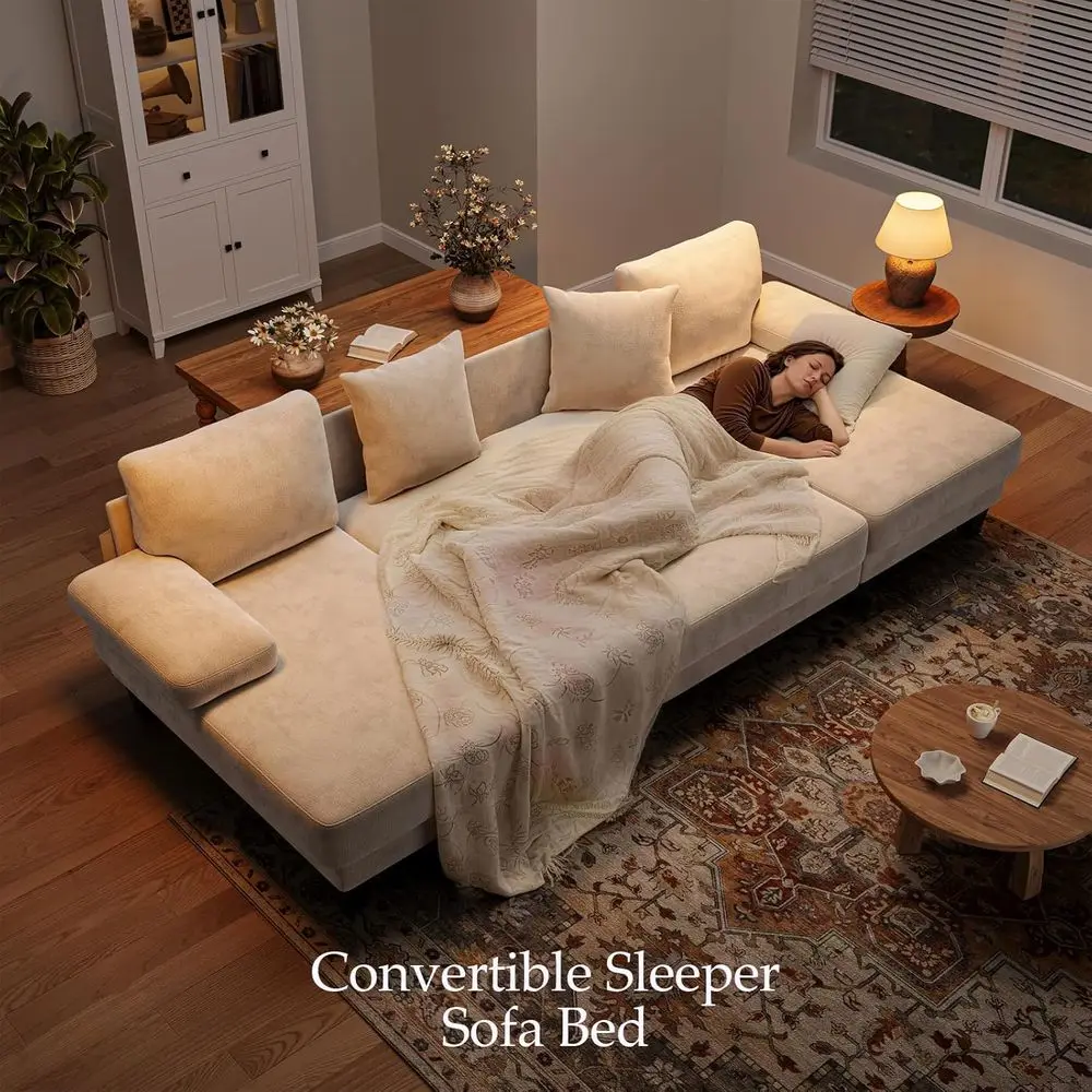 Sleeper Soa with Pull Out Couch Bed | 112 Inch Couches or Living Room | U-Shaped Convertible Soa Bed | Chenille Warm White