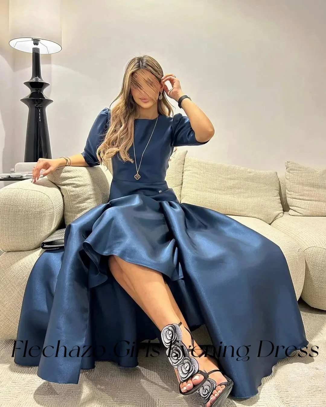 Flechazo Navy Blue Satin Evening Dresses Short Sleeves Asymmetrical Formal Party Gowns For Women 2024 Vestidos De Graduation