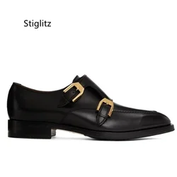 Black Genuine Leather Shoes for Men Metal Buckle Slip On Men Formal Dress Shoes Office Work Casual Business Shoes Loafers Male