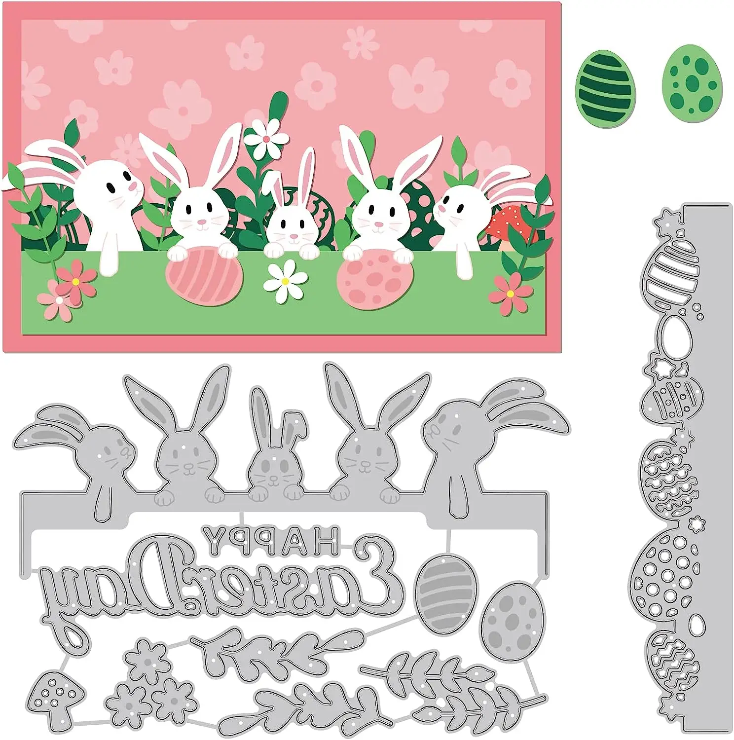 Lot De 3 Dies De Découpe Pâques – Pochoirs Œufs Lapins Fleurs, Acier Carbone Pour Scrapbooking & Artisanat