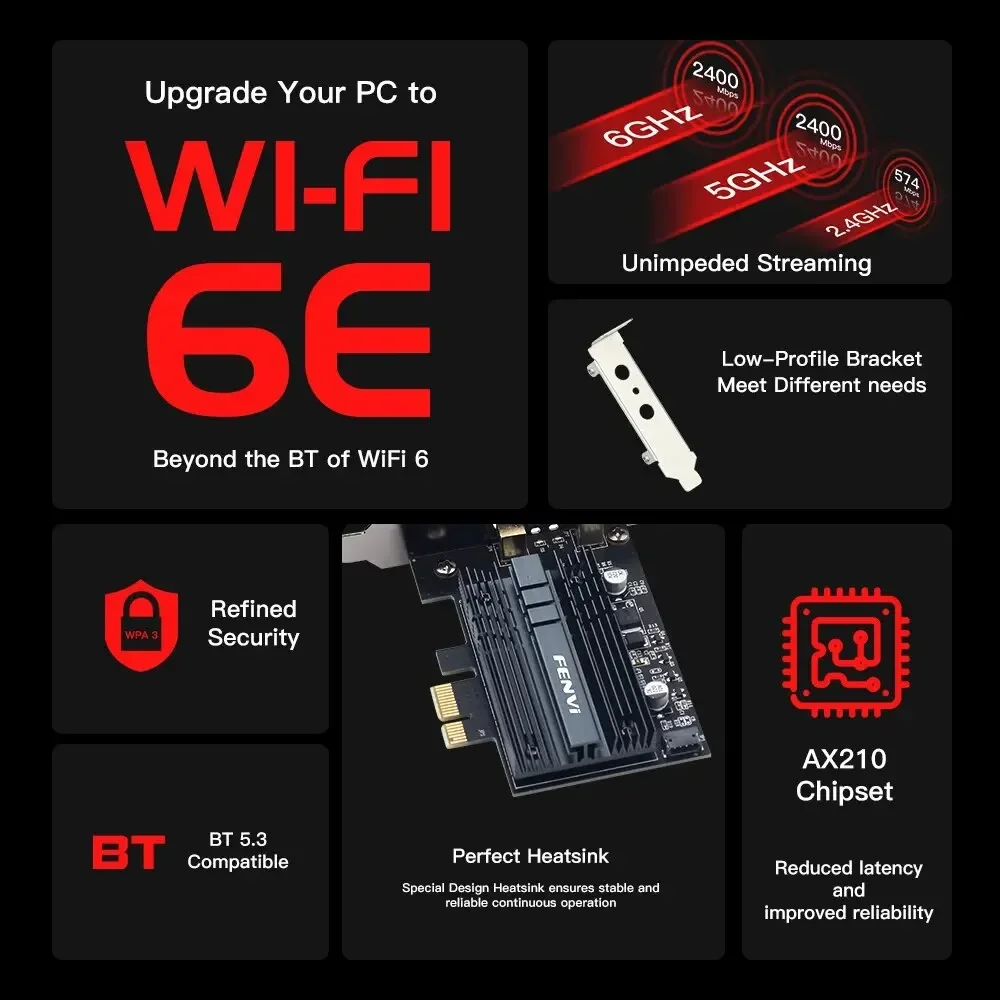 WiFi 6E AX210 Wireless PCIE Adapter Tri Band 2.4G/5G/6Ghz 802.11AX  Bluetooth5.3 Network Wi-Fi Card   Windows10/11