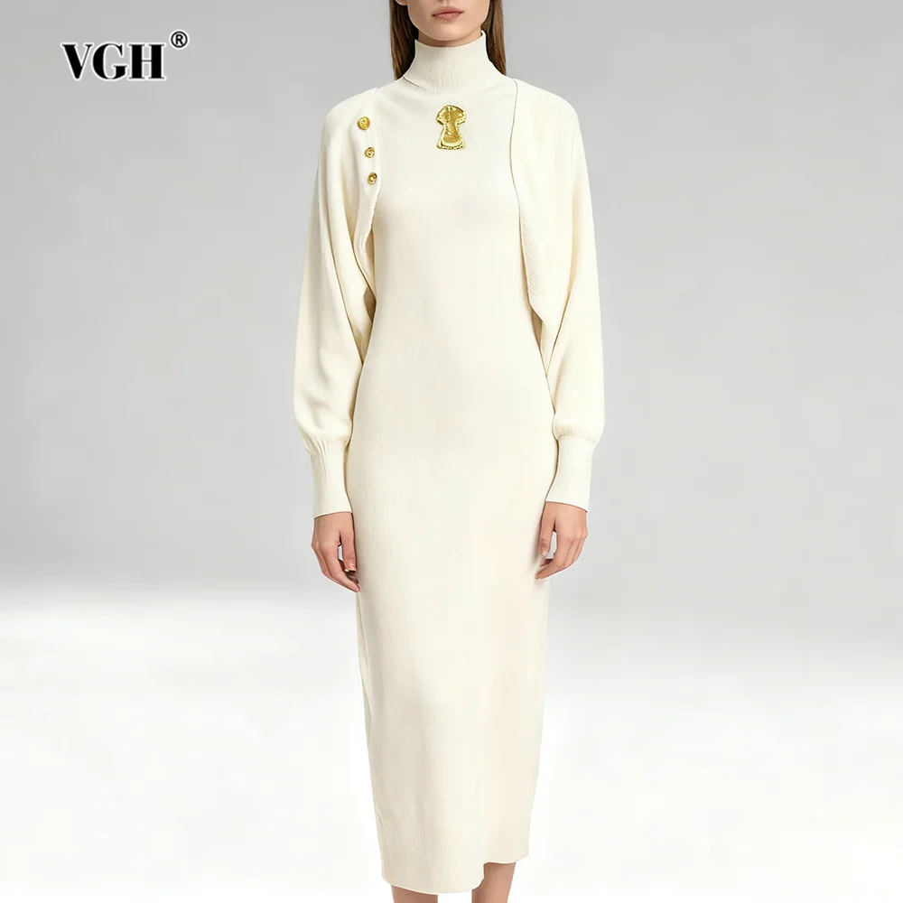 

VGH элегантное однотонное трикотажное платье для похудения для женщин с воротником-стойкой без рукавов и высокой талией, осеннее темпераментное платье, женская мода