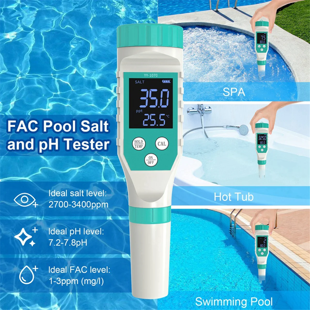 7-in-1 PH/Free Chlorine/ORP/EC/TDS/Salinity/Temp Water Quality Analyzer PH Meter Pool Salt Tester for Aquarium