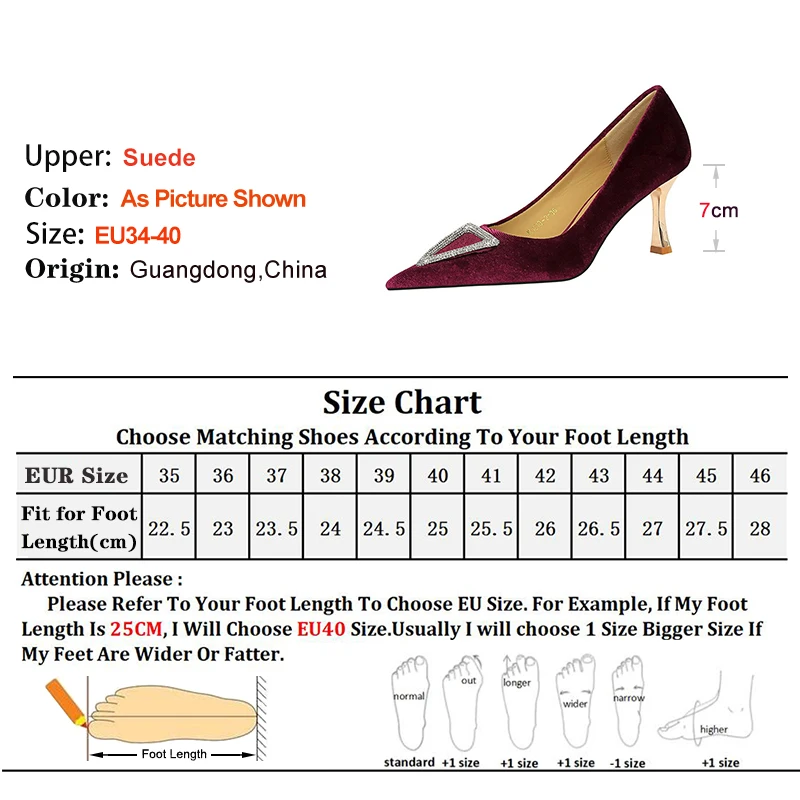 European and American style Women's Pumps Wine Glass Heel Suede Prom Shoes Rhinestone Triangular Decoration Ladies Single Shoes