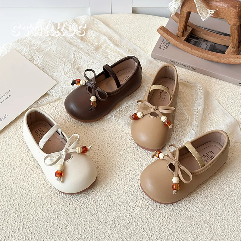 Lovely String Beads Ballet Flats Baby Girl Classic Bowknot Elastic Band Ballerina Shoes Toddler Kid Soft Leather Dress Zapatos