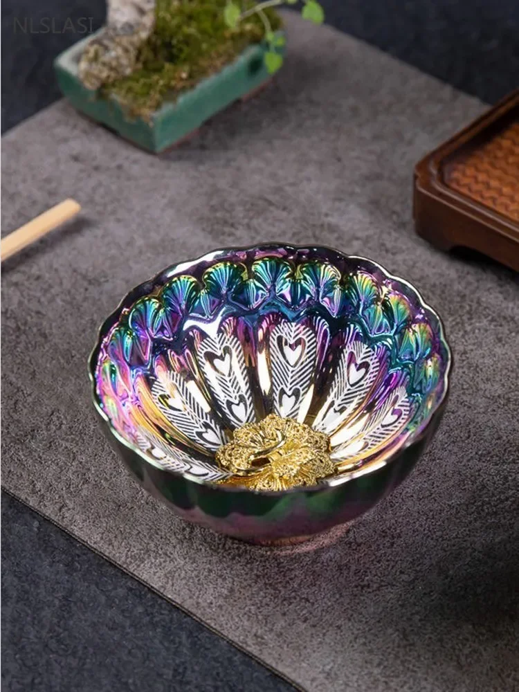 1Pc/140ml Colorful Peacock Tea Cup High-quality Ceramic Master Cup Antique Kiln Meditation Teacup Household Small Tea Bowl