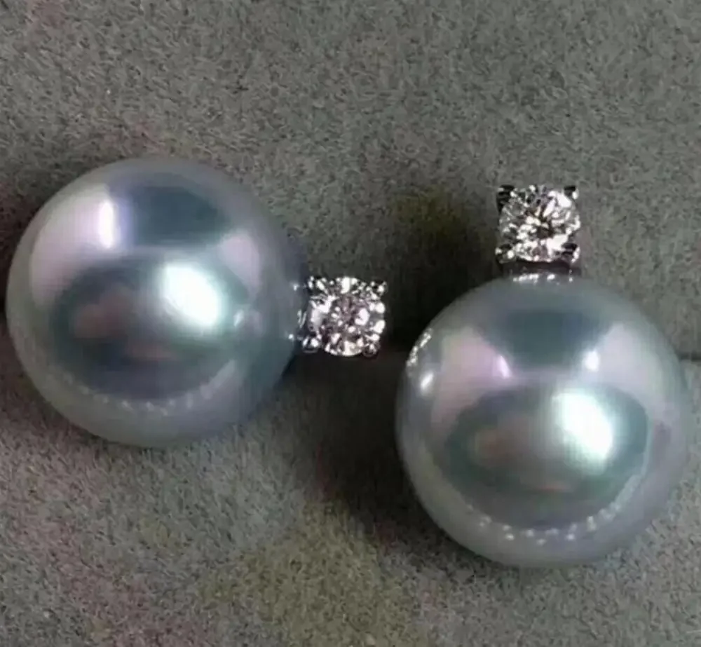 18K 9-10mm natural GRAY Freshwater pearl earrings