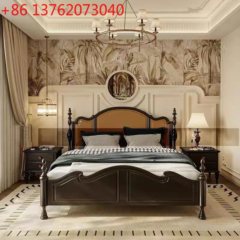 

American retro solid wood French medieval master bedroom Nanyang wind column bed