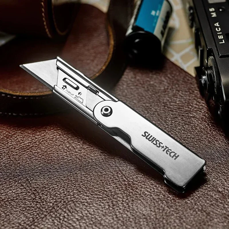 Swiss Tech Folding Utility Knife Unpacking Express Knife Pocket Knife with Belt Clip Small Cutting Blade for Cutting Box Paper