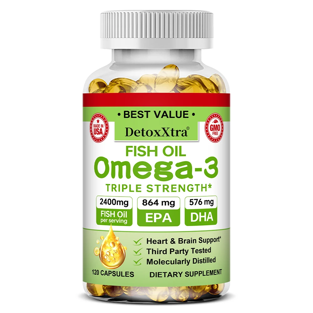 

Triple Strength Omega 3 Fish Oil 2400mg, EPA & DHA, Cognitive, Brain, Heart, Eye, Joint, Skin, Focus & Clarity Health, Non-GMO