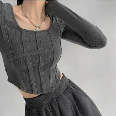 American Style Long Sleeve Short Length Women's Base Shirt Square Collar Bony Fishbone Pattern Belly Baring T-shirt
