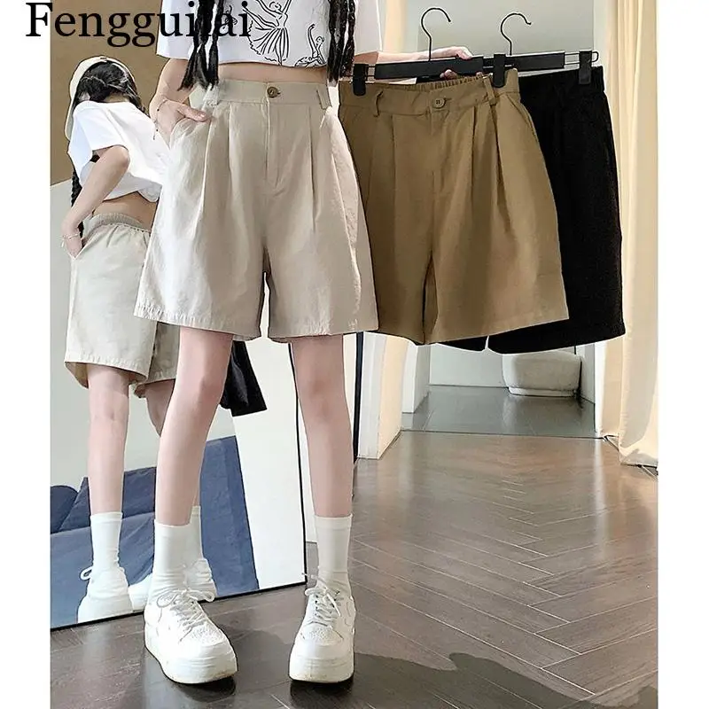 2026 Summer Women Casual Daily Khaki Short Pants Female High Waisted Cargo Shorts Girls Retro Baggy Wide Leg Slacks view 5