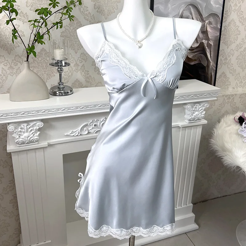 French Sexy Spicy Girl Style Ice Silk Nightgown for Women Summer New Fashionable Plus Size Lace Suspender High-end Feeling Dress