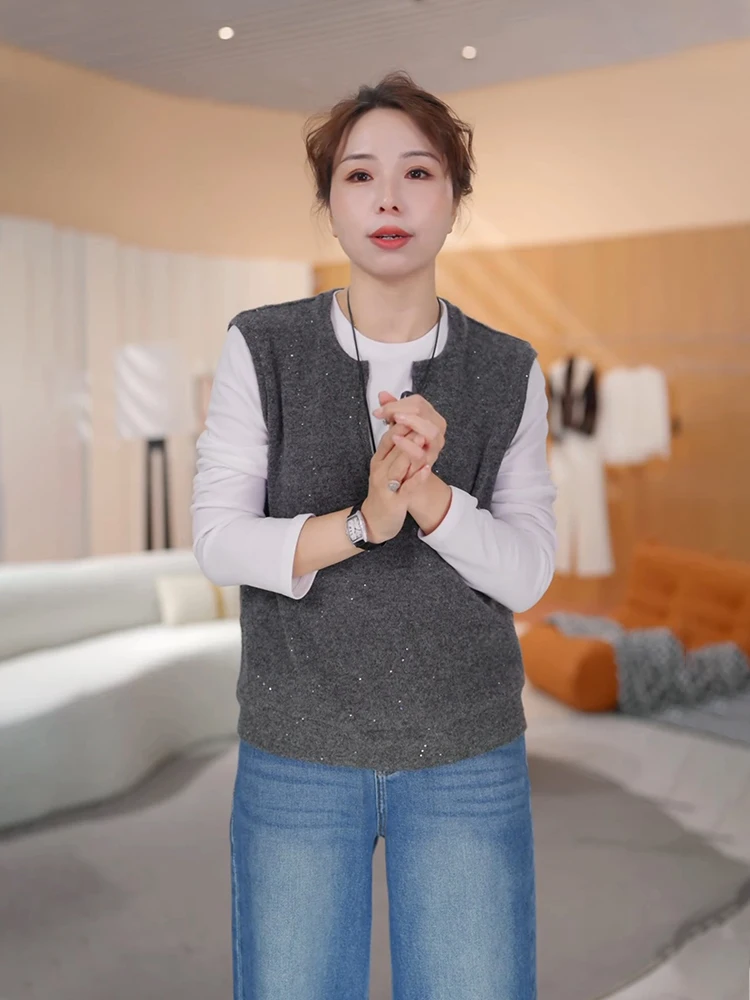 

Повседневный вязаный свитер с комбинированными вставками для женщин, осень 2025, модный дизайн, повседневный, дышащий, длинный рукав, круглый вырез