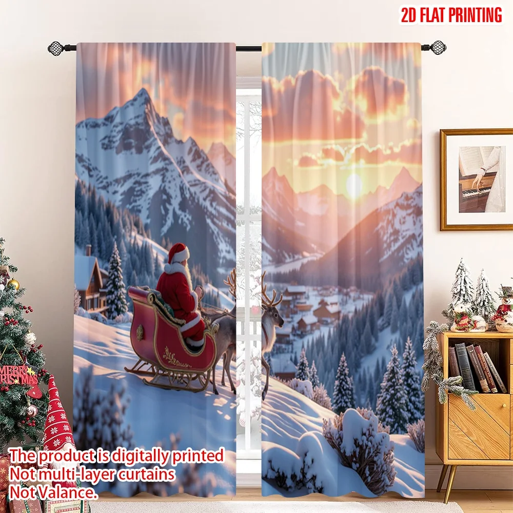 

2pcs 2D flat printing Merry Christmas Popular Drapes Santa Sleigh Snowy Village Sunset Polyester Without Electricity Festive