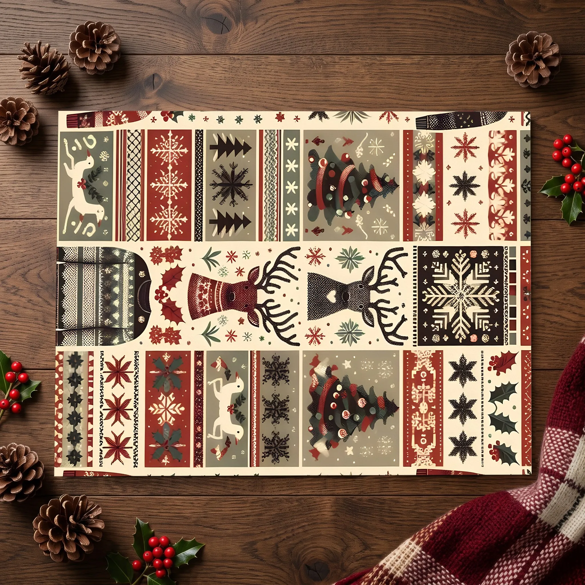 Fair Isle Reindeer Christmas Tree with Snowflake Patchwork Pattern, Retro Nordic Style, Suitable for Living Room, Bedroom, and Entryway, Creating a Warm Atmosphere for Autumn and Winter Soft Furnishings, Velvet Rug