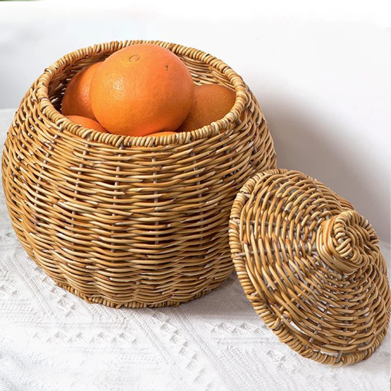 Imitation Rattan Baskets With Lid Handwoven Flower Pot Planter Sundry Wicker Storage Boxes Home Organizer Plastic Box