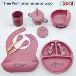 9Pcs Baby Silicone Feeding Sets Suction Cup Bowl Dishes Kids Spoon Fork Feeding Snack Cup Personalized Name Baby's Tableware