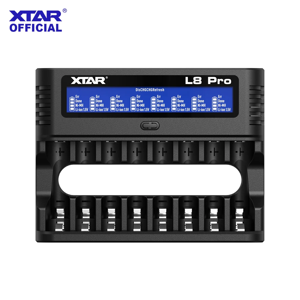 XTAR L8 Pro AA/AAA Battery Charger 8-Slot Smart Charger Ni-MH & 1.5V Li-ion Dual Repair 0V Activation USB-C Safe & Efficient.