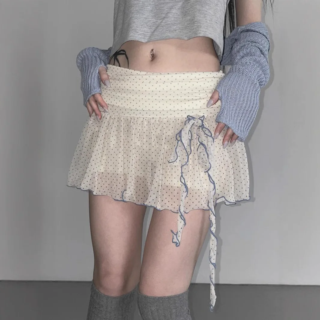 

DSMTRC Women 2025 Summer Fashion A-Line Skirts With Shorts Holiday Bandage Dot Printed See Through Slim Mid-Waisted Mini Skirts