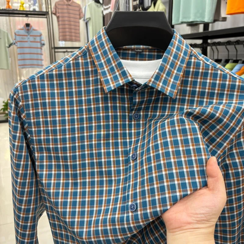 

men's 2025 years autumn high quality shirt lapel small grid exquisite long sleeves leisure business fashion men's clothing tops