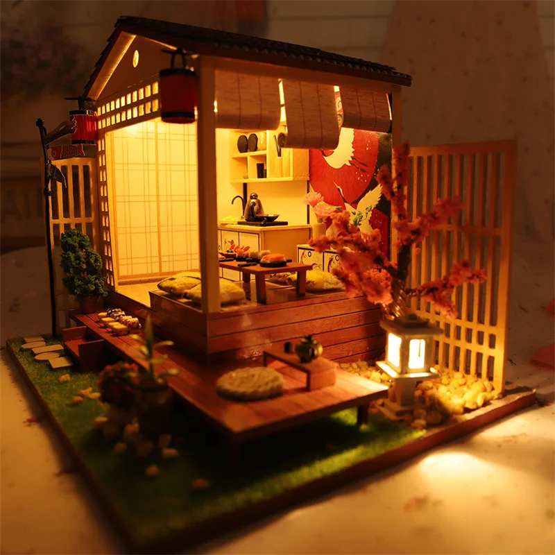 Diy Houten Japanse Poppenhuis Model Miniatuur Bouwpakketten Poppenhuis Met Meubels Kersenbloesems Villa Speelgoed Voor Meisjes Geschenken