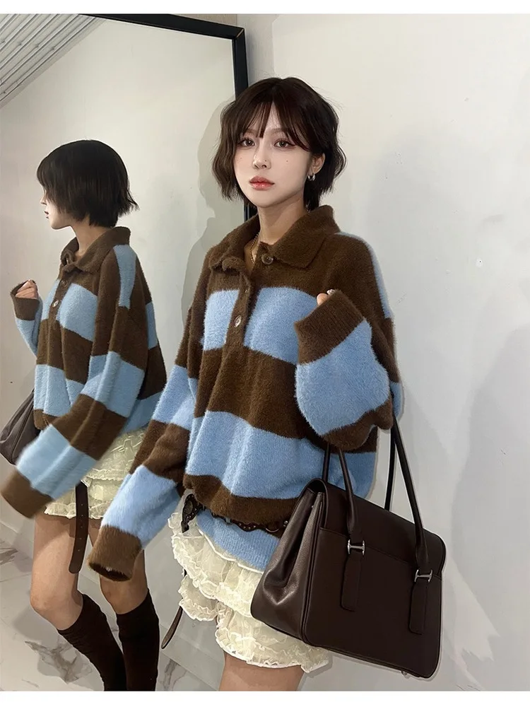 

Мягкий вязаный длинный женский свитер в полоску с воротником-стойкой, удобный теплый осенне-зимний модный повседневный трикотаж