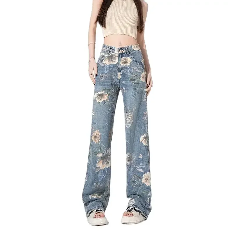 

Spring Autumn Printed Jeans Women's New High Waist Loose Large Size Wide-Leg Pants Straight Pants Fashion Denim Trousers Female